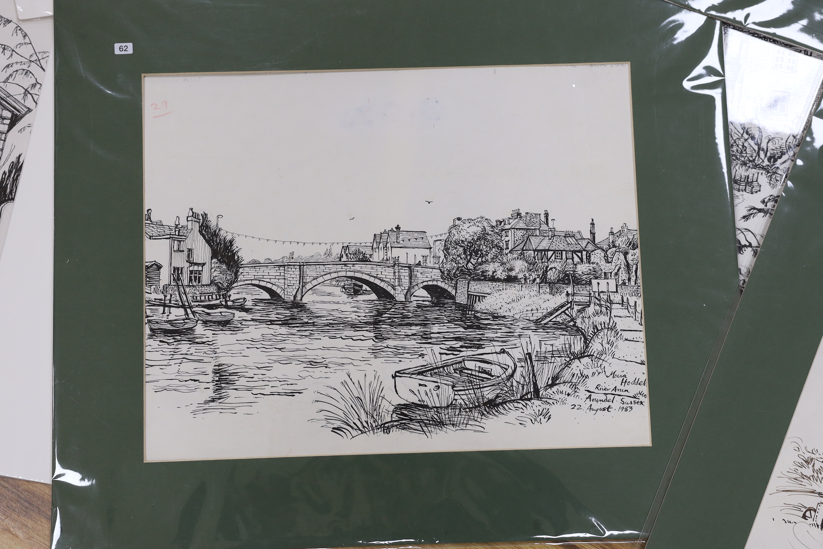 Moira Hoddell, seven ink sketches including All Saints Centre, Lewes, River Arun, Arundel, Sussex and West Pier, Brighton, each signed, some with inscriptions, mounted, unframed, 30 x 25cm